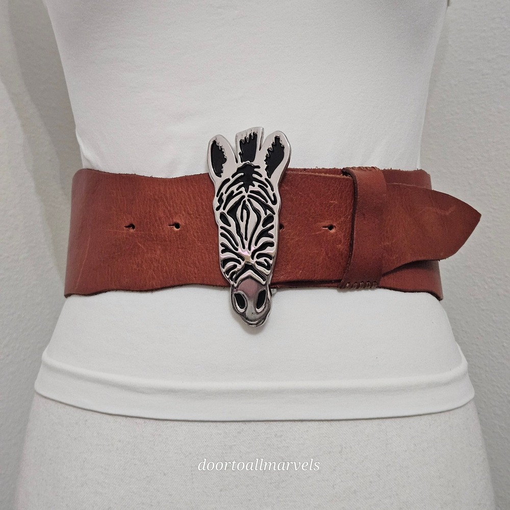 Brown Studded Leather Belt 4" Figural Zebra Head Silver Buckle Adjustable 26-30"